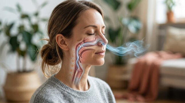 Close up woman breathing softly with glowing nasal airflow lines and digital face mapping futuristic wellness healthcare concept respiratory balance beauty treatment calm therapy and health monitoring