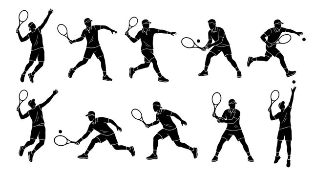 Silhouettes Of Tennis Players In Dynamic Action Poses.