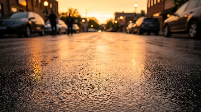 Cinematic golden hour sunset reflecting on wet asphalt city street after rain featuring urban pavement texture on wet asphalt with beautiful bokeh lights on wet asphalt surface.