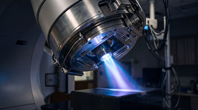 Detailed macro photograph of a medical linear accelerator treatment head with glowing precision radiation beam, external beam radiotherapy, advanced oncology technology and clinical healthcare