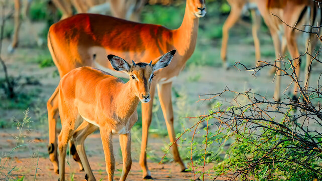 A young impala standing outdoors with other antelopes in the background.