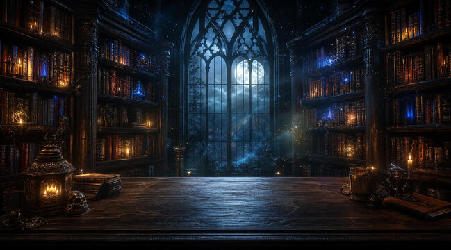 Mystical Wizard Library at Night with Wooden Table and Large Gothic Window Under Moonlight. AI generated .