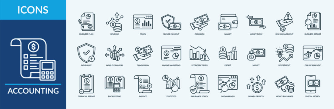 Accounting - Icon Collection. Thin Outline Set contains such Icons business plan, revenue, cashback and more. Simple web icons set