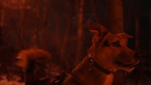 A dog being walked on a snowy street of a suburban area at night