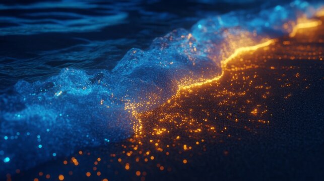 Glowing bioluminescent sea wave close up at night with sparkling blue shoreline light dark water motion marine plankton nature wonder coastal travel fantasy mysterious ocean background scene concept