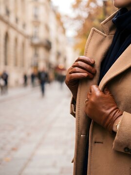 Stylish person wearing a camel coat and brown leather gloves walking on a city street in autumn