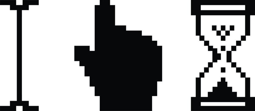Black and white pixel art vector illustration of retro computer mouse cursor icons set