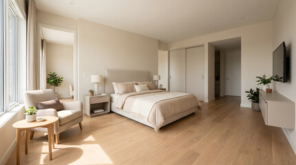 Fototapeta premium Barrier Free Bedroom with Spacious Layout and Modern Accessible Interior