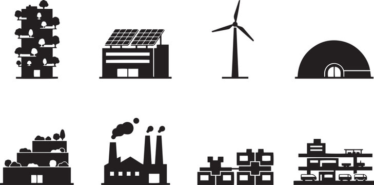 Set of black silhouette representing sustainable architecture, industrial buildings, wind energy, and urban infrastructure systems