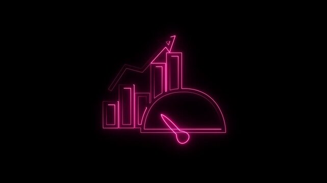 Glowing Pink Neon Bar Chart and Speedometer Icon for Performance Growth Animation