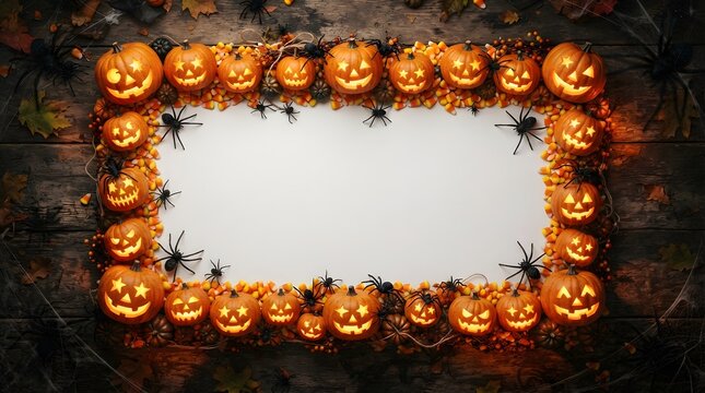 Halloween frame with pumpkins and spiders