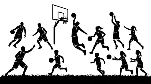 Basketball Player Action Silhouette Icon Set with Men Women and Children Dribbling Passing Slam Dunking and Shooting At The Hoop