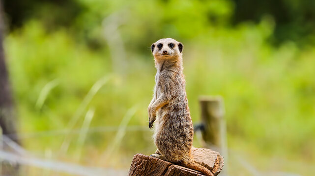 A meerkat looking directly at the camera while standing on a log.