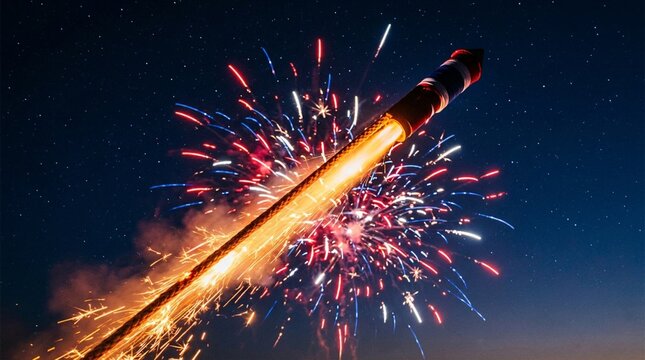 Illuminated firework rocket launching upward with bright sparks and colorful explosive bursts against dark starry twilight sky - celebration pyrotechnics display concept