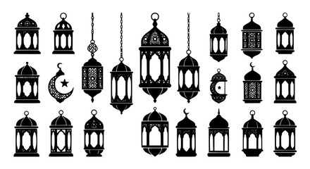 Traditional Arabic Lantern and Crescent Moon Black Silhouette Icon Set for Ramadan Kareem Eid Mubarak Festive Greetings and Islamic Culture Vector Graphic Designs © Salma
