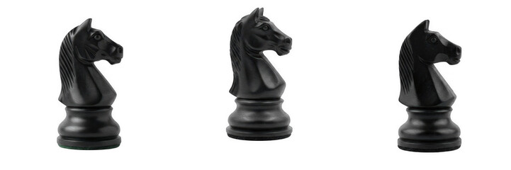 Classic black chess knight piece facing right in profile isolated on transparent background, high-resolution strategic game graphic element for chess club branding, tournament banners, and puzzle desi © charline