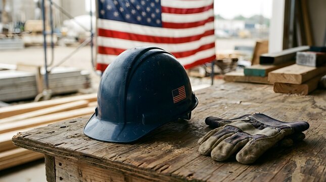 Industrial blue hard hat and work gloves on wooden table, American flag background, construction site safety equipment for labor day concepts
