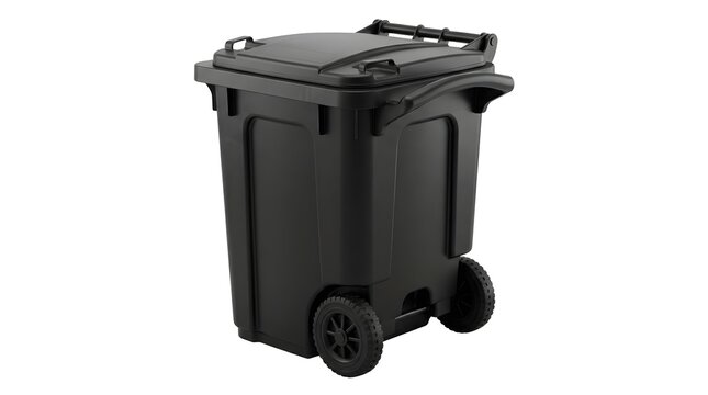 Large black plastic trash bin with wheels and a closed lid for outdoor waste collection and recycling isolated on a clean white background