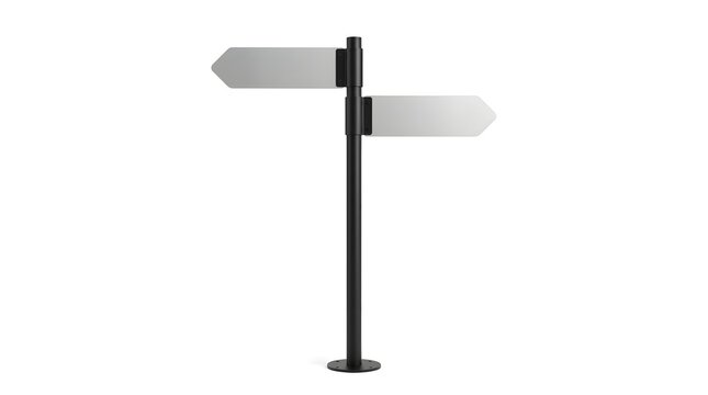 Blank metal directional sign post with two empty arrows pointing in opposite directions