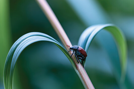 A red and black beetle sitting on a vibrant green plant showcases the intimate connection between flora and fauna in nature's intricate tapestry of life.