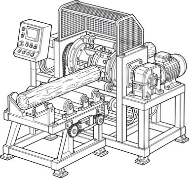 Detailed line drawing of a log debarker machine in a modern workshop setting.