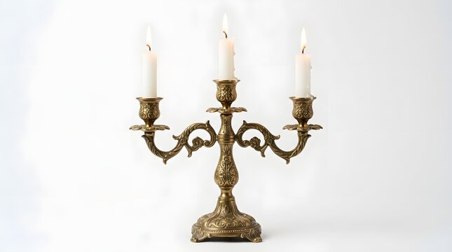 Vintage brass candelabra with three lit white candles standing on a surface
