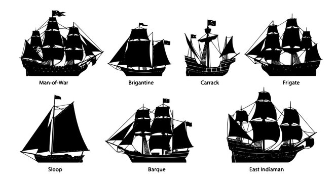 Historic Wooden Sailing Ships and Antique Naval Vessels Silhouette Icon Set Featuring Frigate Caravel Galleon and Brigantine for Maritime Travel Vector Graphic Designs