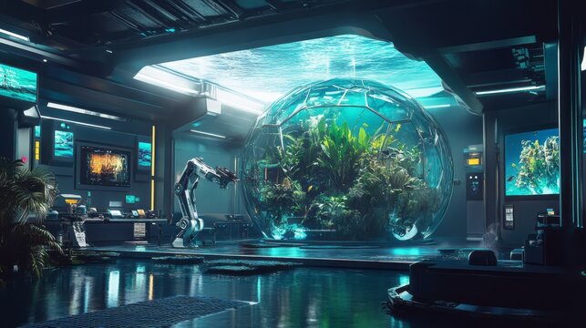 Colorful futuristic underwater habitat with transparent pods coral gardens and glowing ocean lights showing marine research laboratory technology sustainable architecture deep sea living concept scene