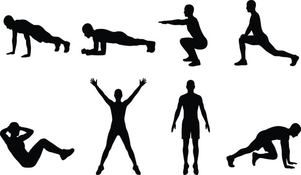 Fitness Exercise Male Silhouette Set Collection Pushups Planks Squats Lunges Situps Jumping Jacks Fitness Poses Vector