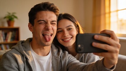 Fototapeta premium Happy couple enjoying quality time together while posing for smartphone selfies.