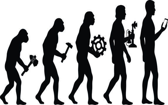 Human Evolution Silhouette Set Collection Ape to Modern Man Technology Stone Age Hammer Gear Phone Vector