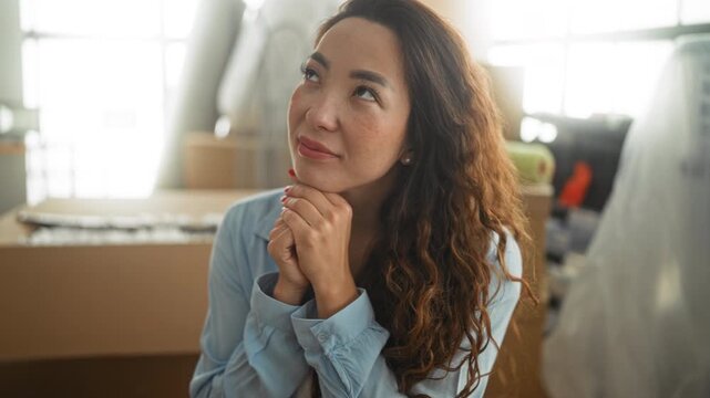 Woman surrounded by moving boxes, hands clasped under chin while seated amid packed cardboard and bright window light in building; hopeful reflection.