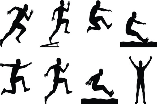 Long Jumper Silhouette Set Collection Athlete Running Takeoff Flight Sand Landing Victory Poses Vector
