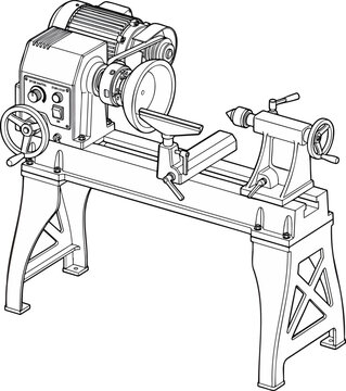 Detailed line drawing of a vintage woodworking lathe machine with intricate mechanical parts.