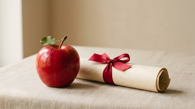 A fresh red apple sitting next to a rolled parchment scroll tied with a red ribbon on table