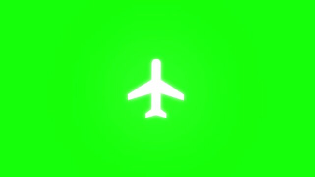 White Airplane Icon Silhouette on Green Screen Background for Chroma Keying, Minimalist Flat Aviation Travel Symbol for Video Production and Motion Graphics Content Assets.
