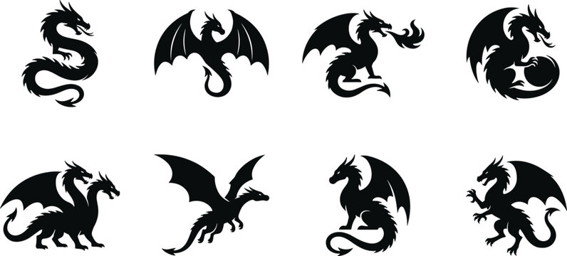 Silhouette vector set of dragons in flying fire breathing serpent two headed and emblem poses on white background
