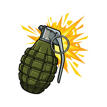 Olive green hand grenade with metallic pin and bursting yellow explosion a vector illustration on a white background explosive military
