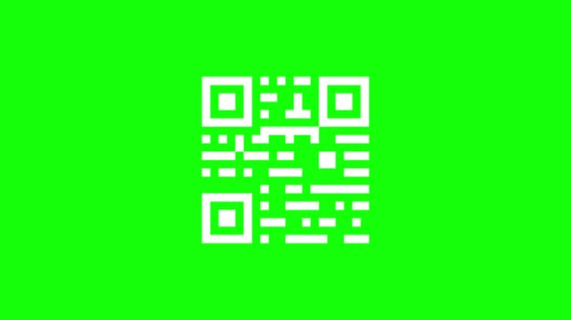 White QR code scanning animation on chroma key green screen background with horizontal cyan laser line for mobile payment, data verification, and digital access technology.