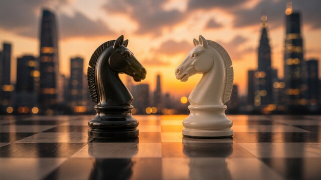 Two chess knight pieces face each other on a board against a sunset city skyline representing strategy competition and corporate rivalry