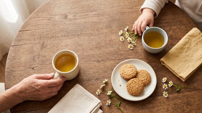 Chamomile tea family flat lay, adult and child hands sharing a calm snack, warm home bonding scene with center copy space