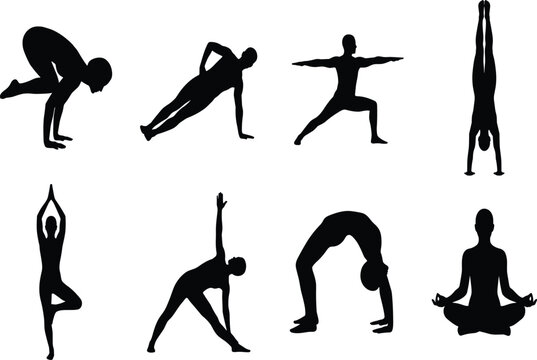 Yoga Poses Silhouette Set Collection Crow Pose Warrior Handstand Tree Pose Triangle Wheel Meditation Vector