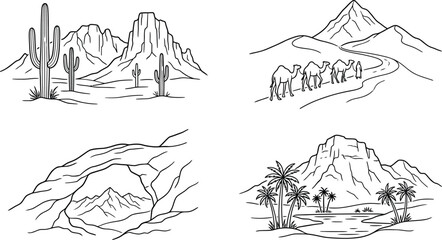 Collection of diverse desert and mountain landscapes featuring hand drawn line art vector illustrations for travel nature and geography concepts © Anam