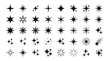 Sparkle and star icon set featuring black silhouette twinkling elements magic glints shiny light bursts and glowing celestial shapes for vector graphic decorations © Salma