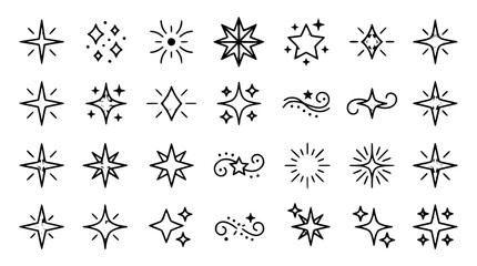 Hand drawn sparkle icon set with cute starry elements shiny magic flares blinking bursts and glowing twinkling constellations for creative decoration vectors © Salma
