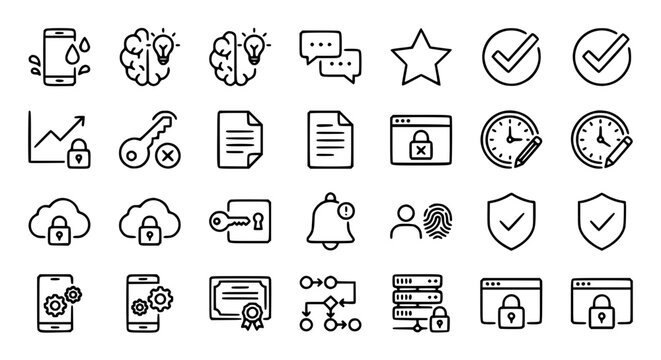 Cyber security and data protection outline icon set with cloud safety encryption keys privacy locks smart technology symbols for business web design vectors