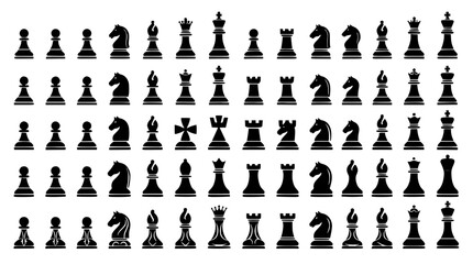 Chess Piece Icon Set with King Queen Rook Bishop Knight and Pawn Symbols for Strategy Games Tournament Competitions Board Game Graphic Vector Silhouettes © Salma