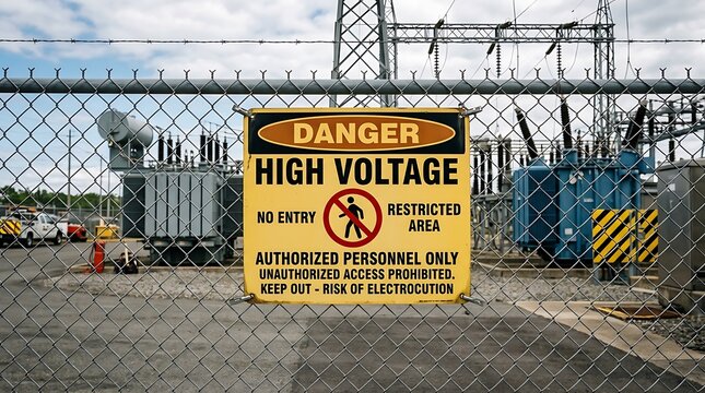 High voltage danger sign on chain link fence, electrical substation with transformers and power lines, industrial restricted area security warning