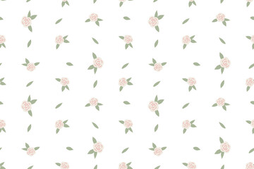 Fototapeta premium Seamless floral pattern of cute little pink flowers rose and leaves on a white background. Vintage floral print in pastel colors. Delicate design for nursery, women textile, bedding.