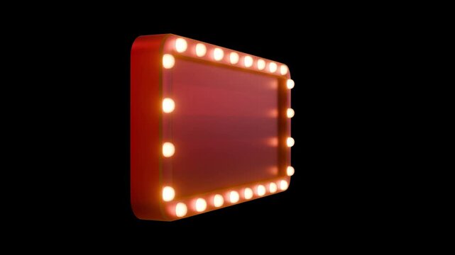 3D red marquee light box continuously spinning in a 360-degree rotation while perimeter light bulbs alternate in a dynamic flashing chaser animation against a dark background.